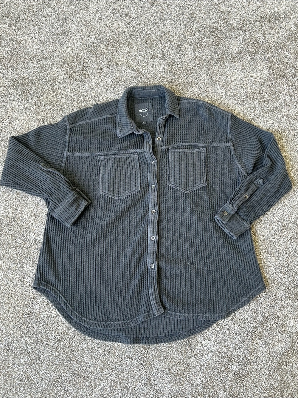 Aerie Lumberjane Waffle Knit Oversized Button Down Shacket Charcoal